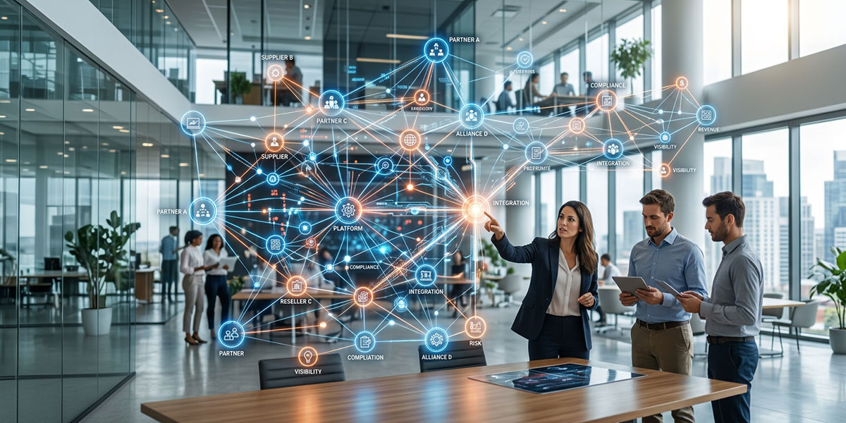 A complex web of interconnected nodes representing the challenges of managing a partner ecosystem.