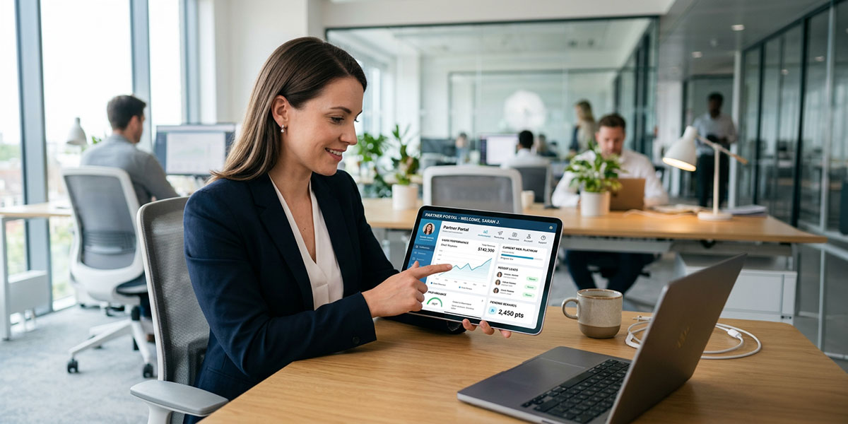 A user interacting with a personalized partner portal dashboard on a tablet.