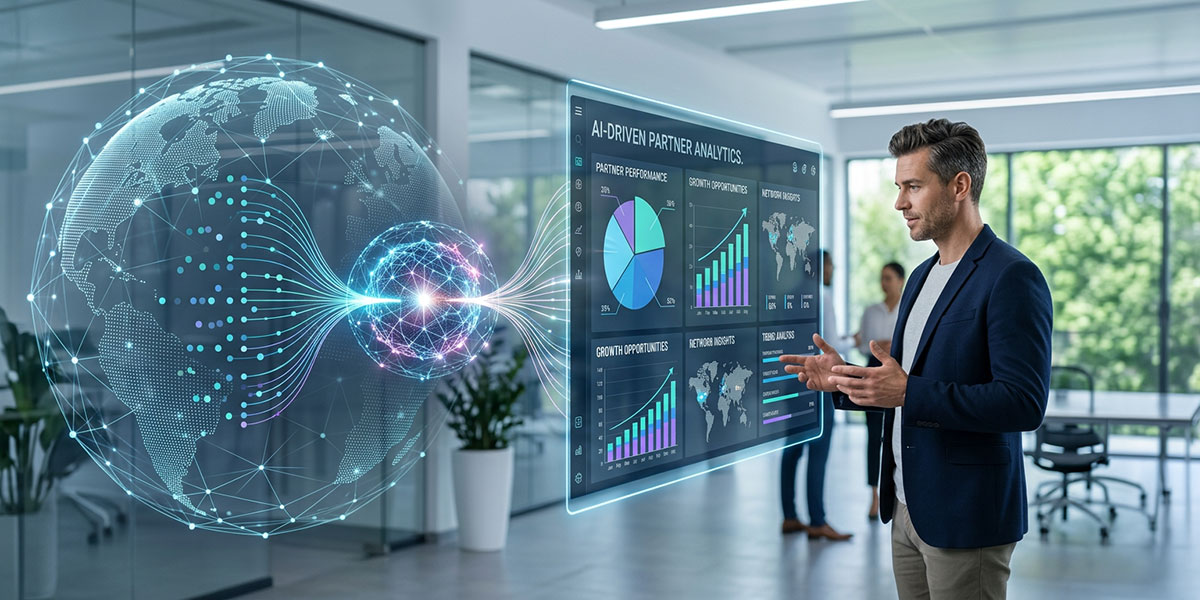 An illustration of an AI algorithm processing partner data to provide insights on a dashboard.