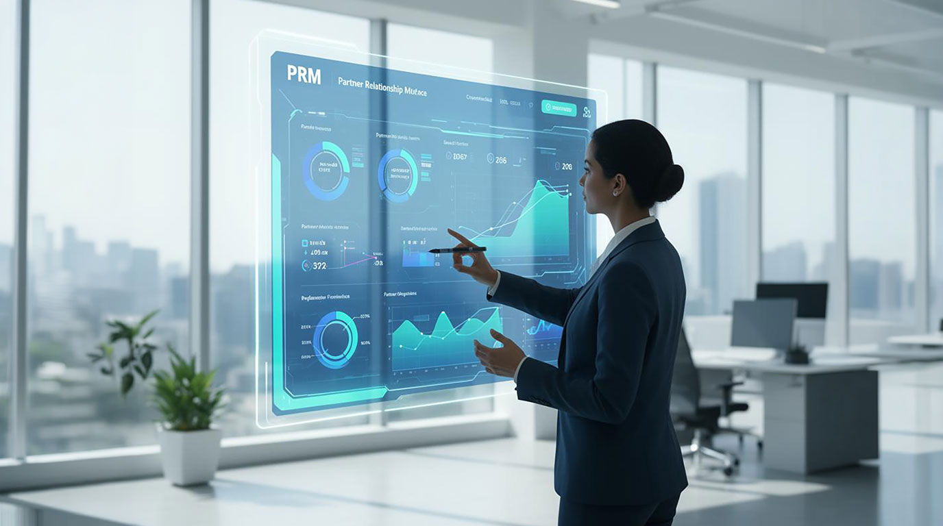 A business professional analyzing a PRM software dashboard on a futuristic interface in 2026.