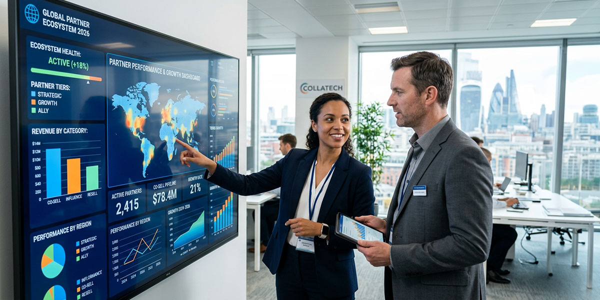 A futuristic digital interface showing interconnected partner networks, signifying the future of partner management.