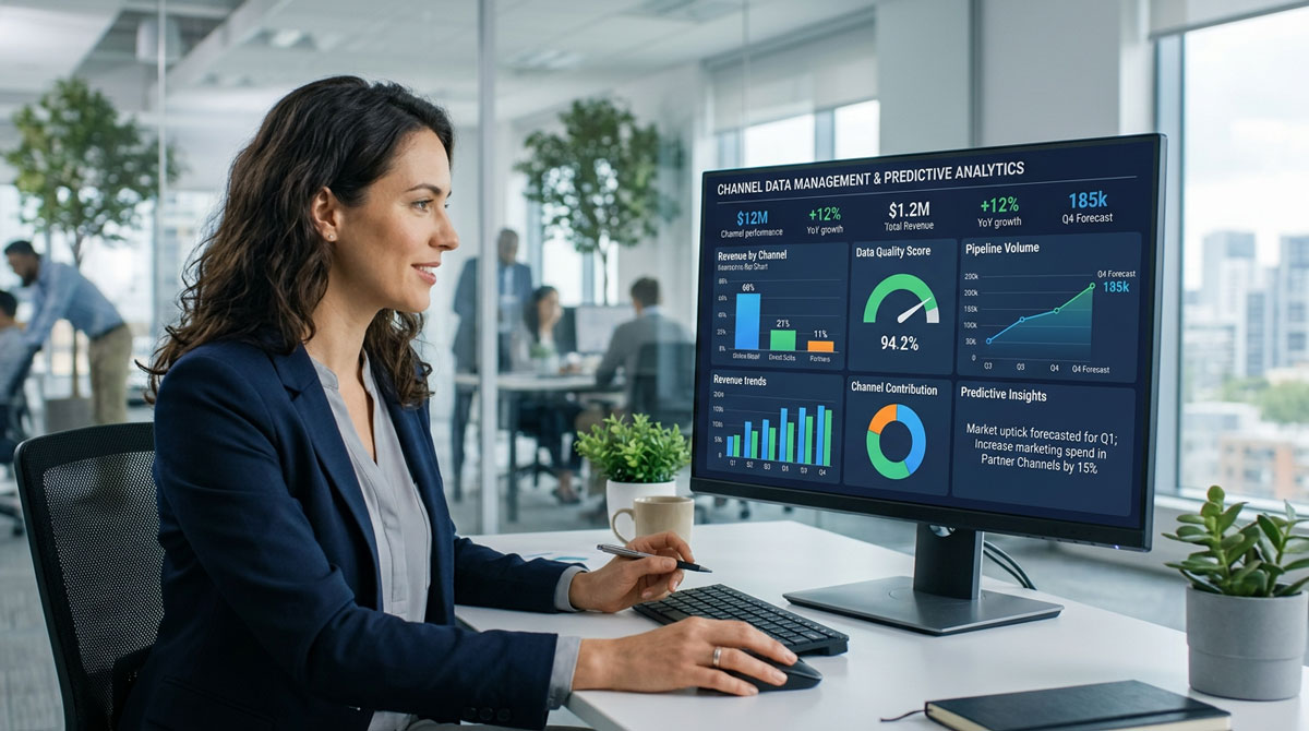 A sophisticated dashboard displaying channel data management metrics and predictive analytics
