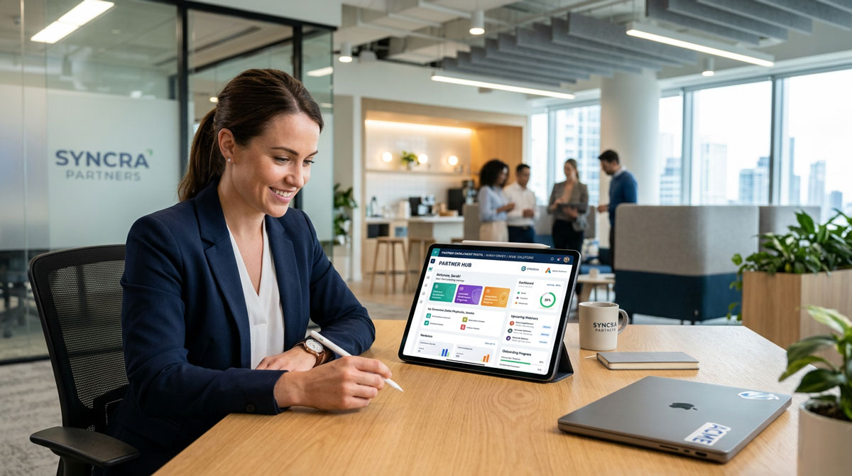 A partner interacting with a personalized partner enablement software interface on a tablet
