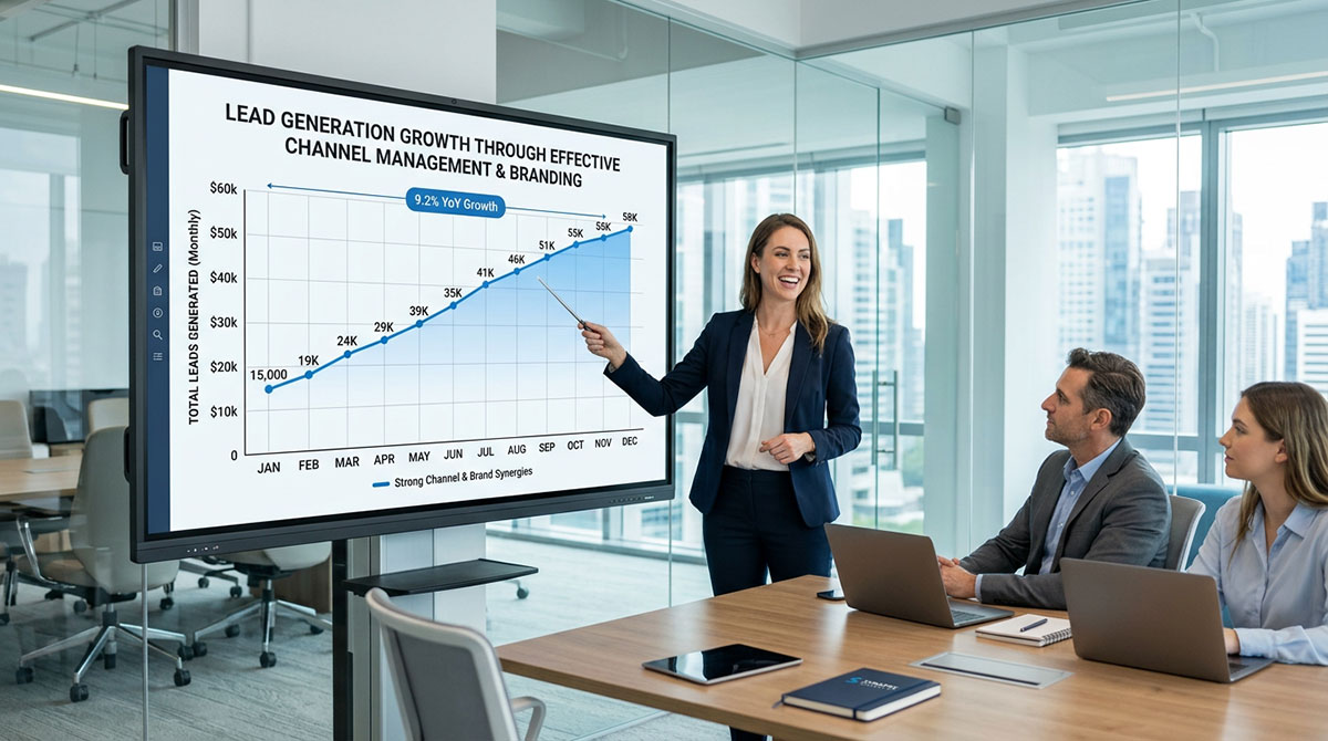 A graph showing lead generation growth resulting from strong channel management and branding.
