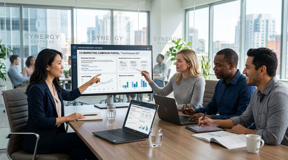 Channel partners collaborating on a marketing campaign using partner enablement software.