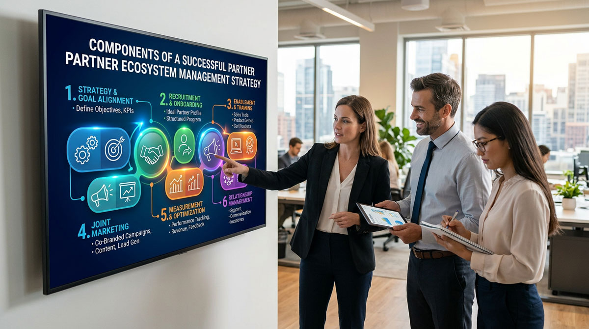 An infographic illustrating the components of a successful partner ecosystem management strategy.