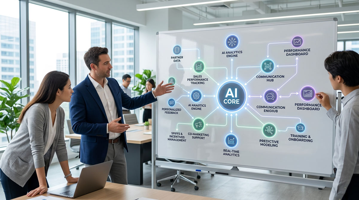 A diagram illustrating an AI-powered PRM infrastructure with interconnected nodes for data and analytics.