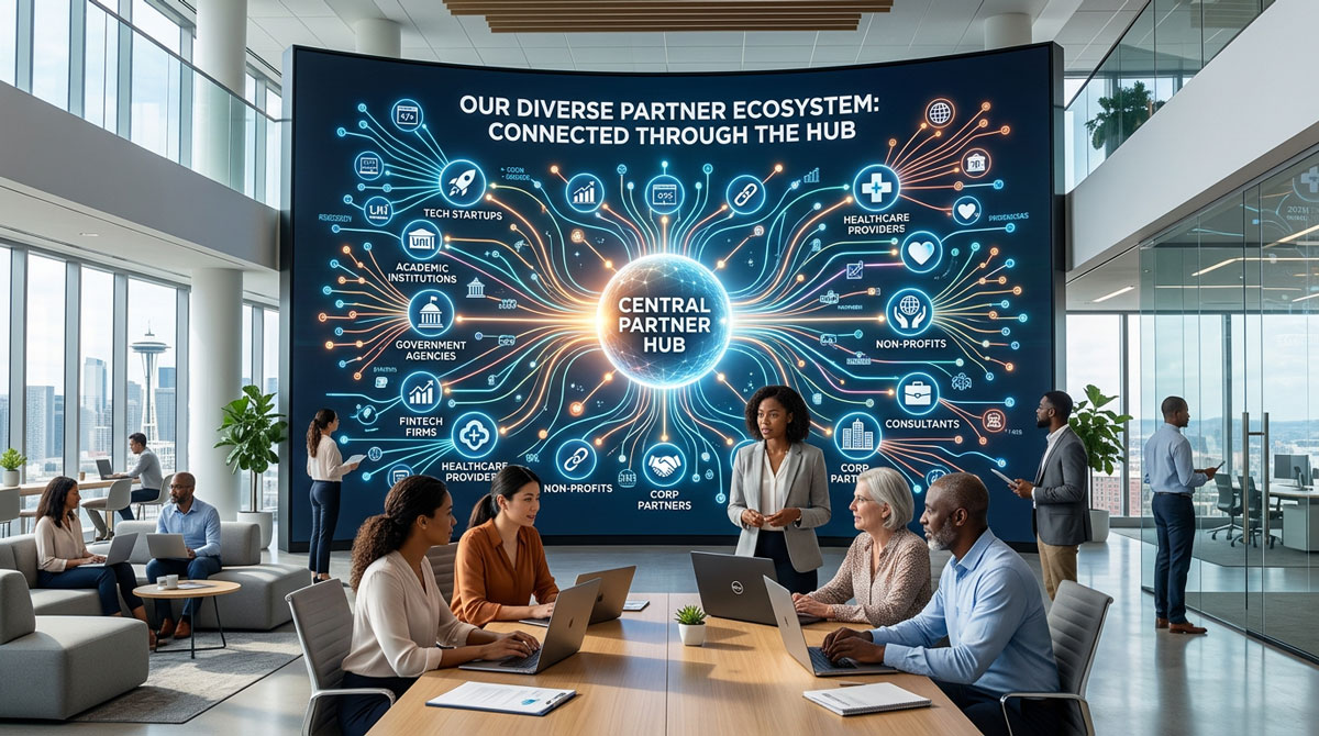 A network graphic representing a diverse partner ecosystem connected through a central software hub.