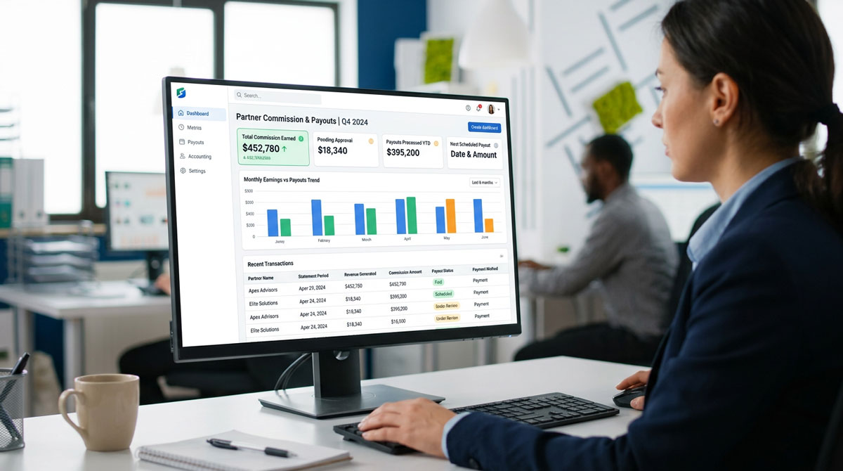 A financial dashboard within channel partner commission tracking software showing earnings and payouts.