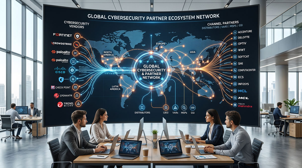 A network diagram showing cybersecurity vendors connected to a global network of channel partners.
