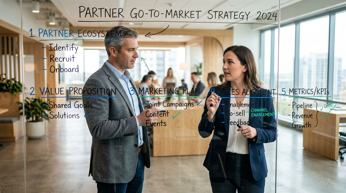 Two business professionals collaborating on a whiteboard to outline a partner go-to-market strategy.
