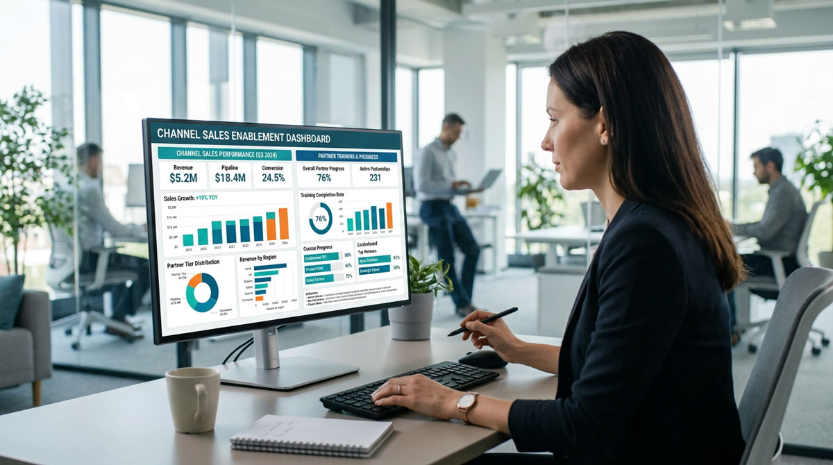 A dashboard screen displaying channel sales enablement metrics and partner training progress statistics.