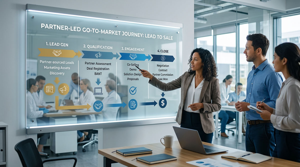 A diagram illustrating a partner-led go-to-market journey from lead to sale.