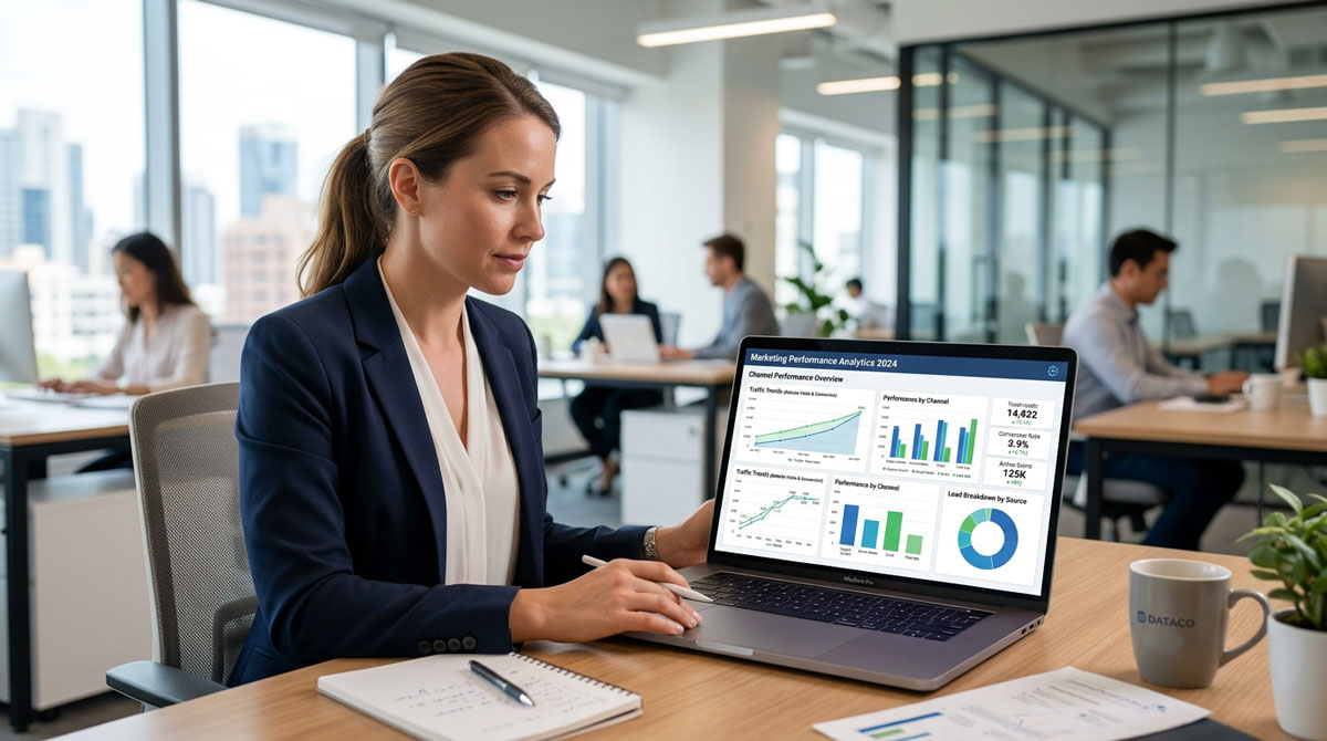 A dashboard on a laptop screen displaying performance analytics and channel data.