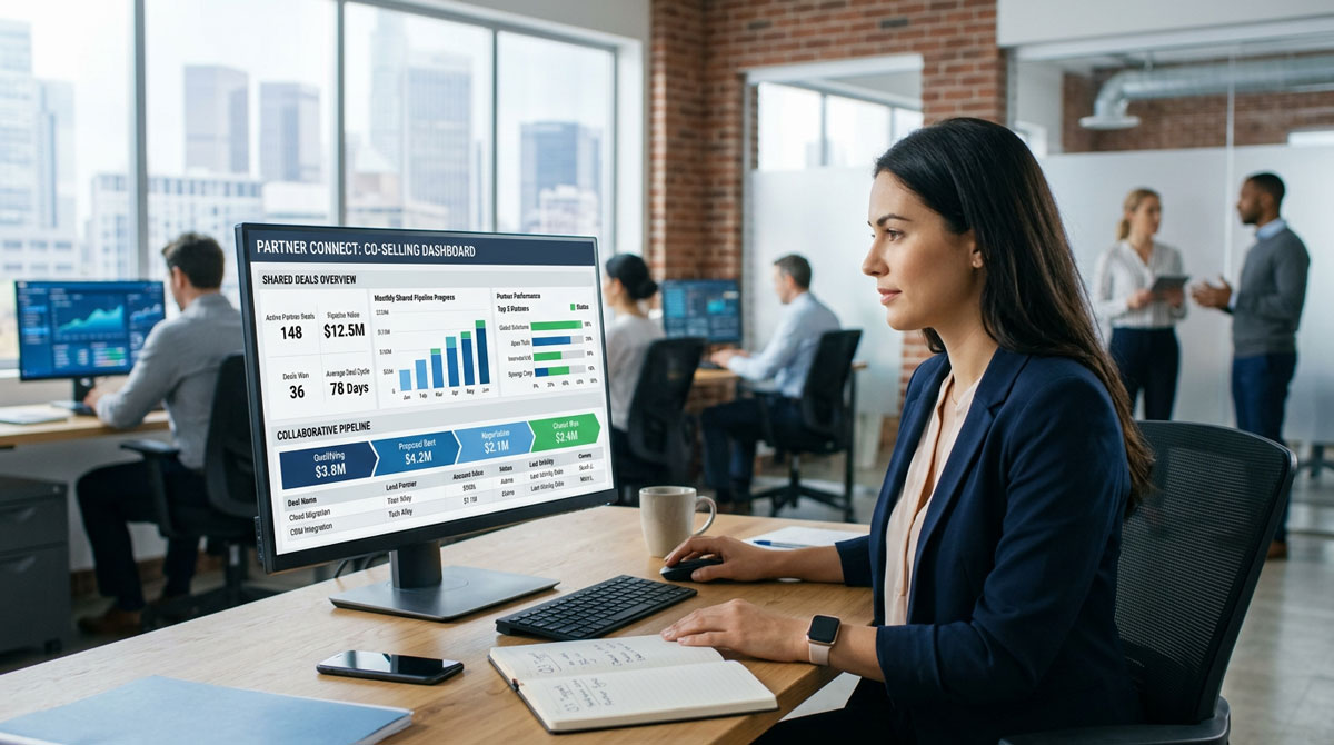 A dashboard view of a partner co-selling platform showing shared deals and collaborative pipeline metrics.