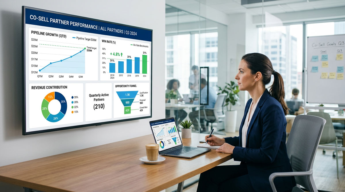 A series of charts and graphs display partner performance analytics on a co-sell platform, showing metrics like pipeline growth and win rates.
