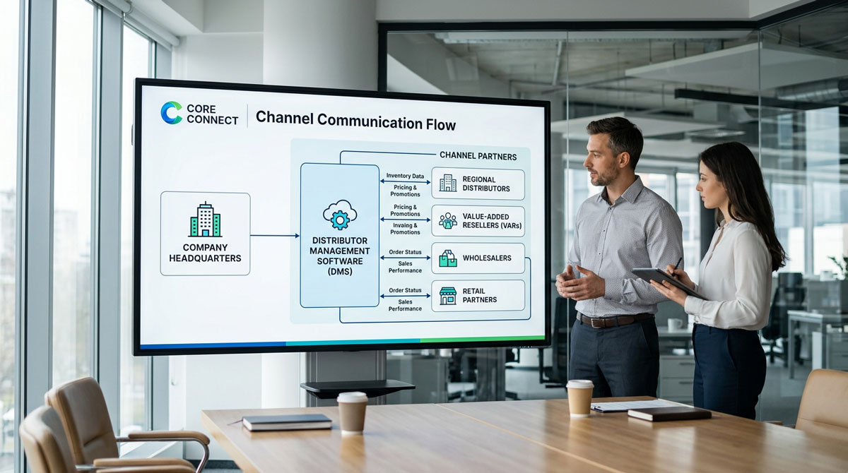 A diagram showing the flow of information from a company through distributor management software to various channel partners.