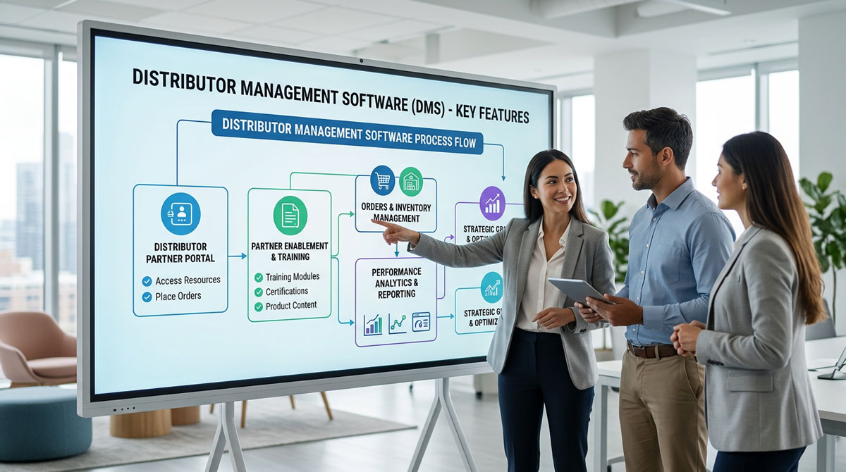 A flowchart illustrating the key features of distributor management software, including partner portals, enablement, and analytics.
