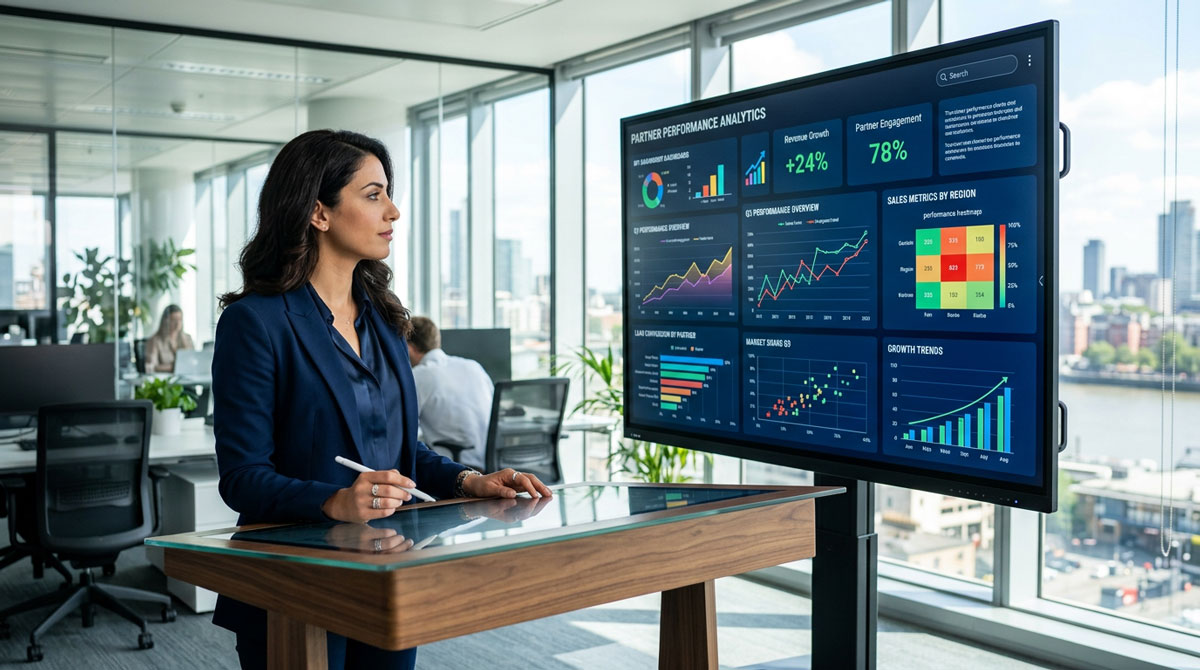 An executive looking at a complex dashboard displaying various partner performance analytics charts and graphs.