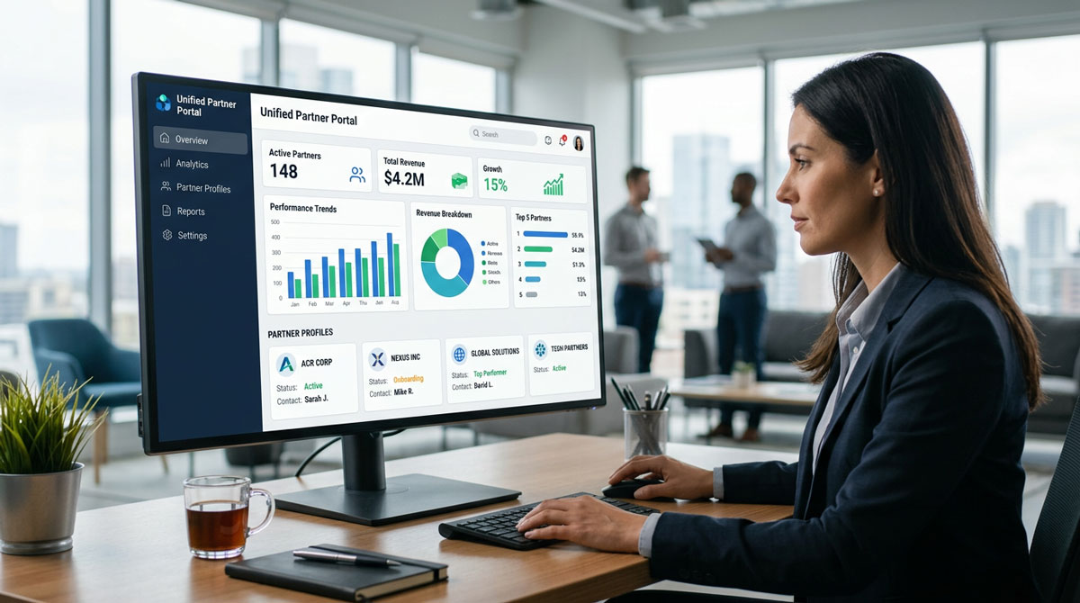 A dashboard showing unified partner management features like analytics and partner profiles.