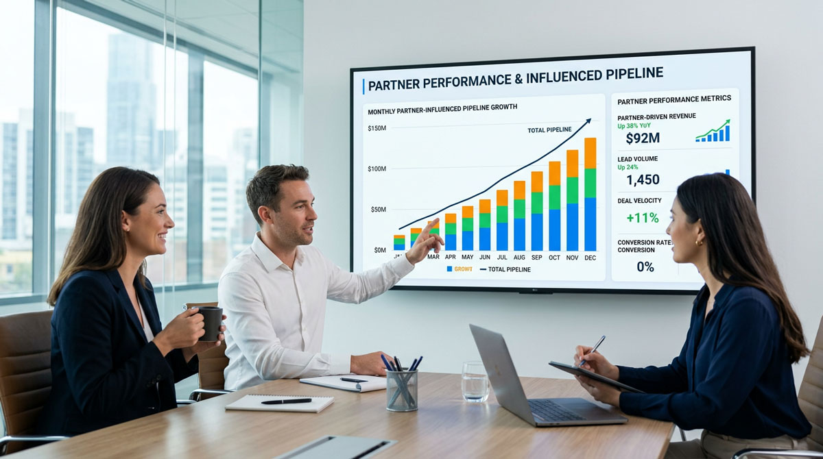 A chart showing positive trends in partner performance analytics and partner-influenced pipeline.
