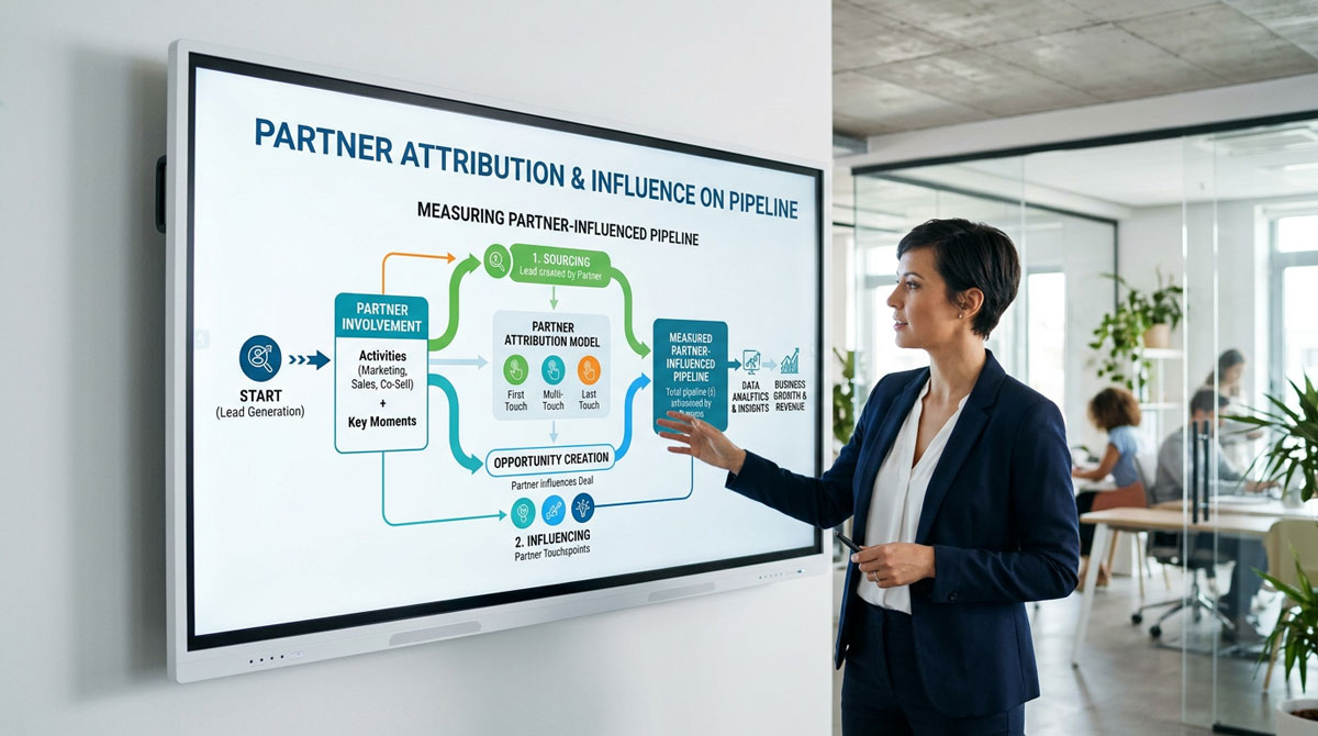 A diagram illustrating how partner attribution contributes to measuring the partner-influenced pipeline.
