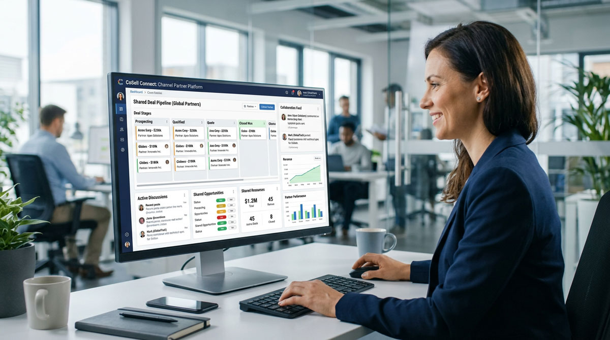 Screenshot of a co-sell platform for channel partners showing a shared deal pipeline and collaboration tools.