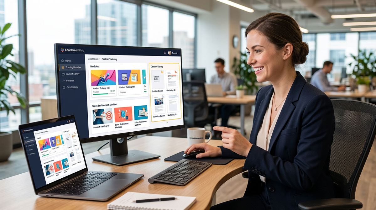 A user interacting with a partner enablement software interface, accessing training modules and a content library.