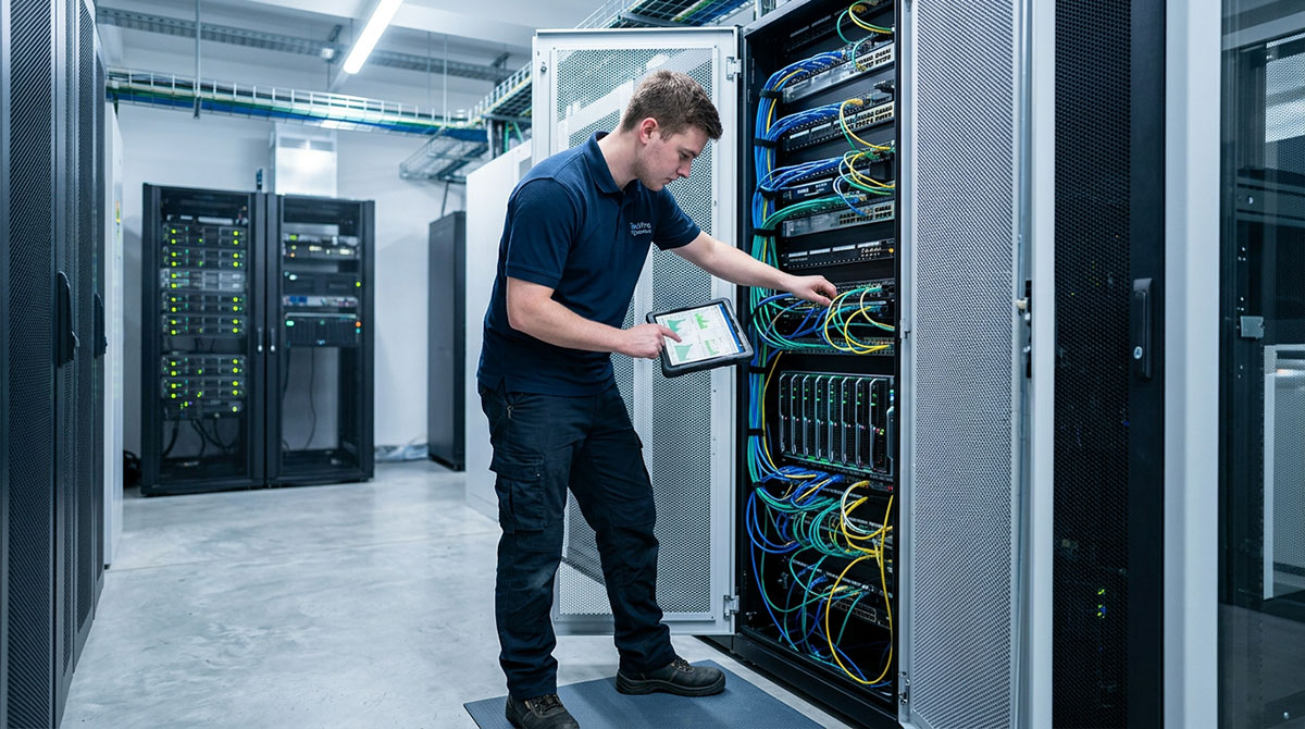An MSP technician working on a server rack, highlighting the importance of a strong MSP partner program.