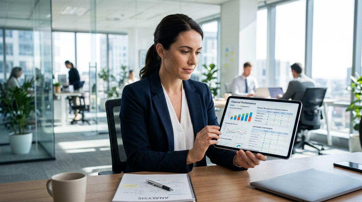 A business professional analyzing channel performance data on a tablet, considering which partner management software to choose.