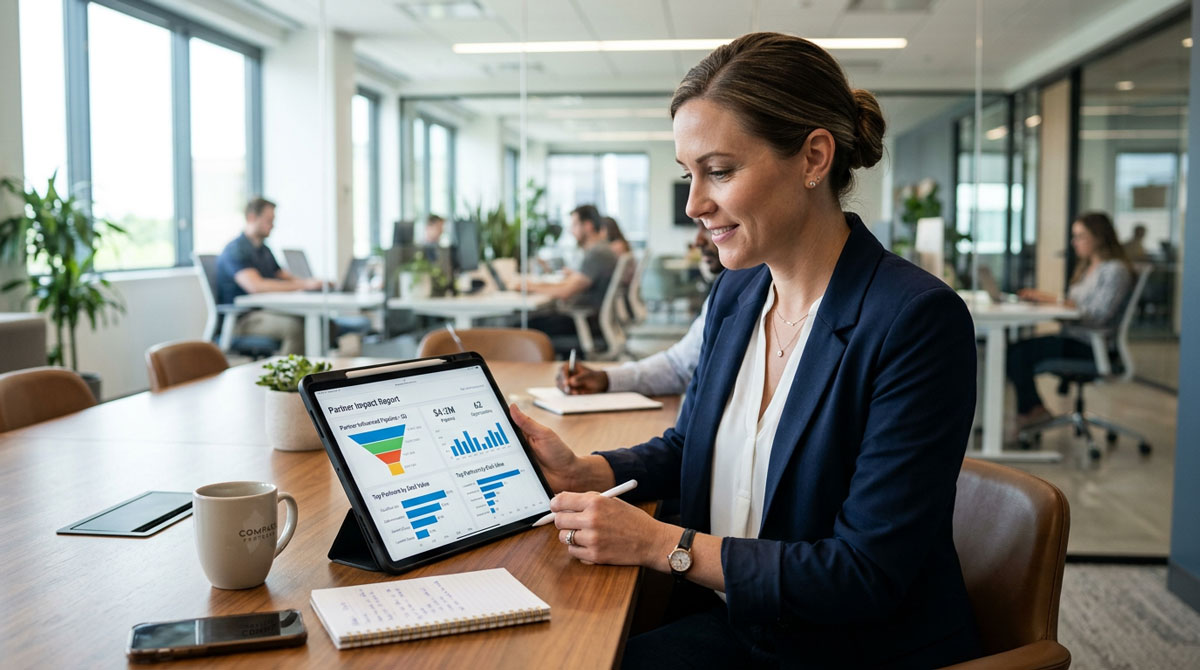 A channel manager reviewing a partner-influenced pipeline report on a tablet.