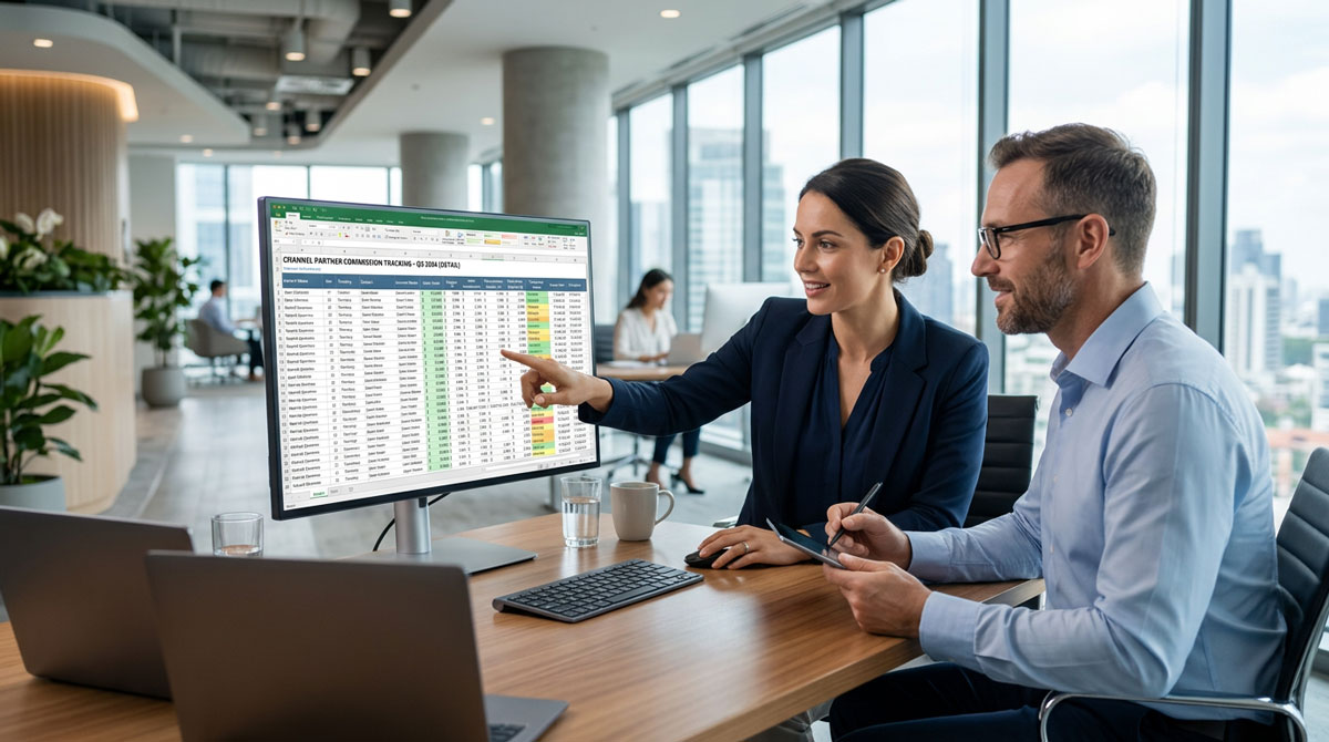 A detailed spreadsheet showing channel partner commission tracking with calculations and payout dates.