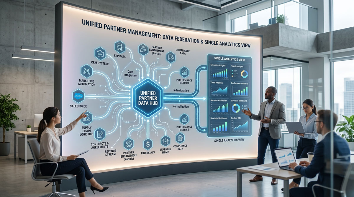 A diagram illustrating how unified partner management connects various data points to create a single analytics view.