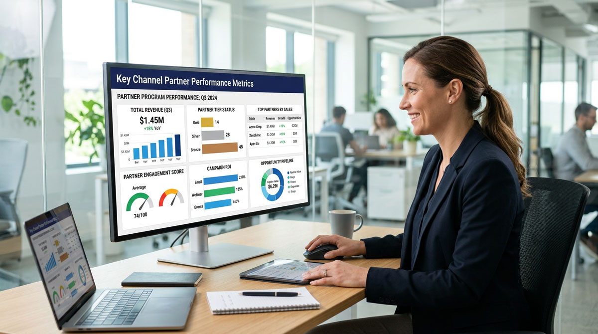 Dashboard showing key channel partner performance metrics for calculating partner program ROI.