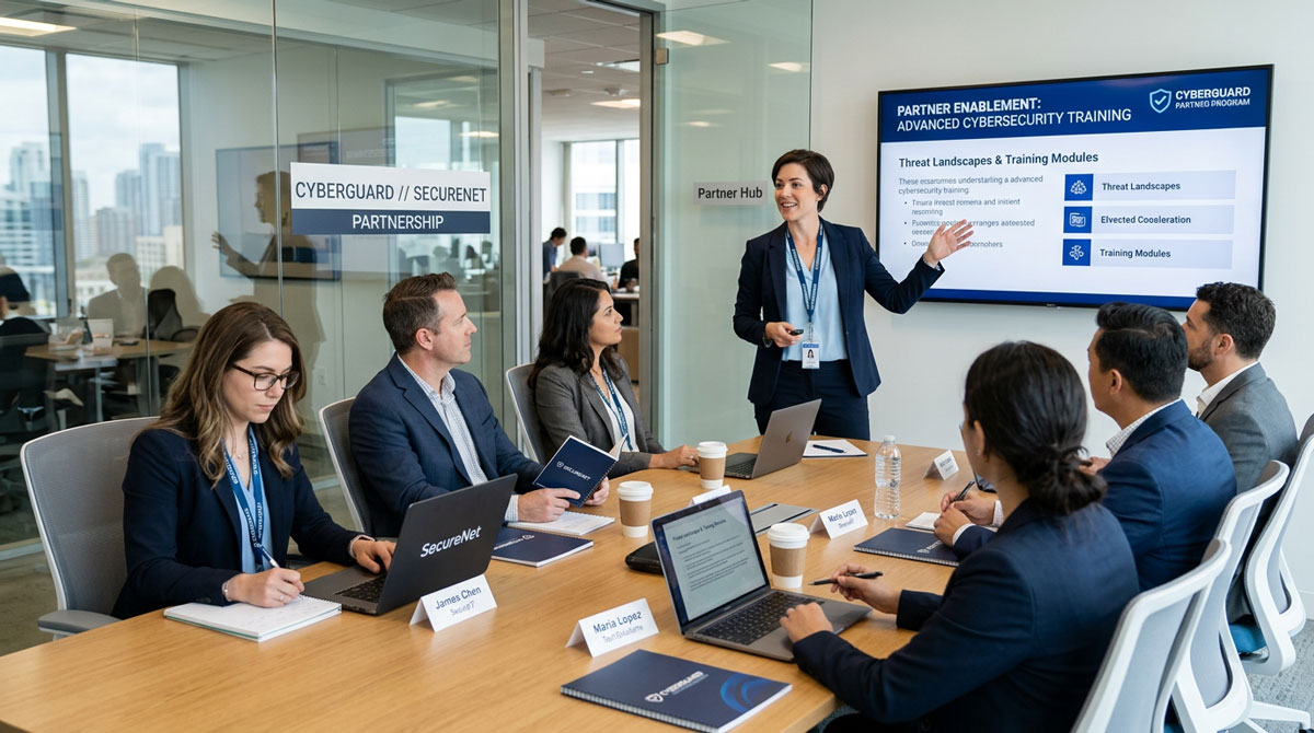A cybersecurity professional providing partner enablement for cybersecurity training to a group of attentive channel partners in a modern office.
