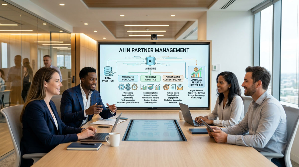A diagram illustrating AI in partner management, showing automated workflows, predictive analytics, and personalized content delivery for better ROI.