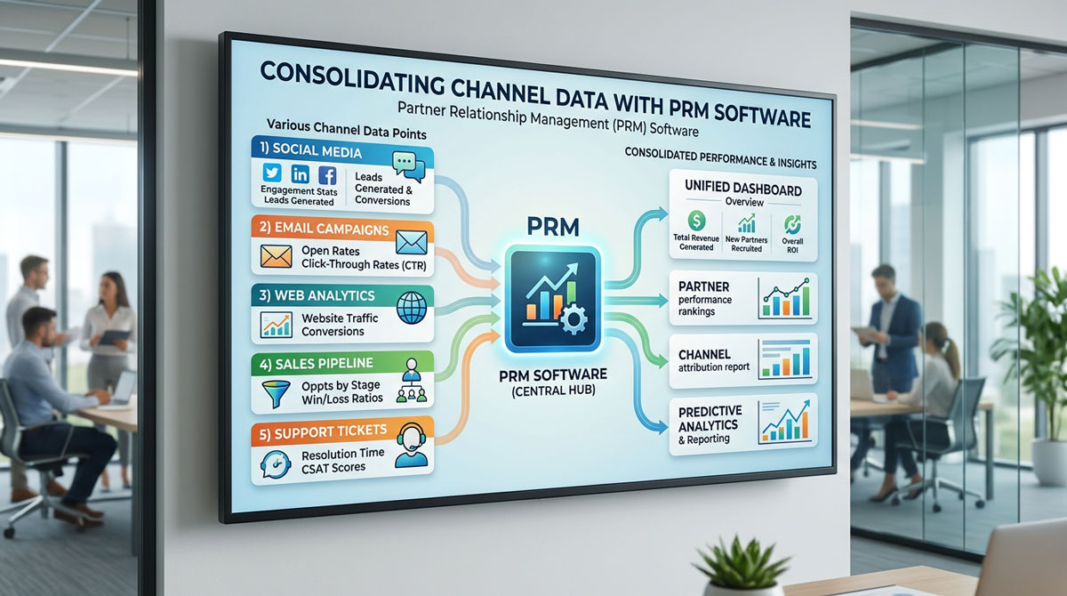 An infographic displaying various channel data points being consolidated by partner relationship management software.