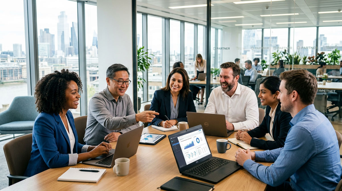 A group of diverse business professionals collaborating, representing a thriving partner ecosystem.
