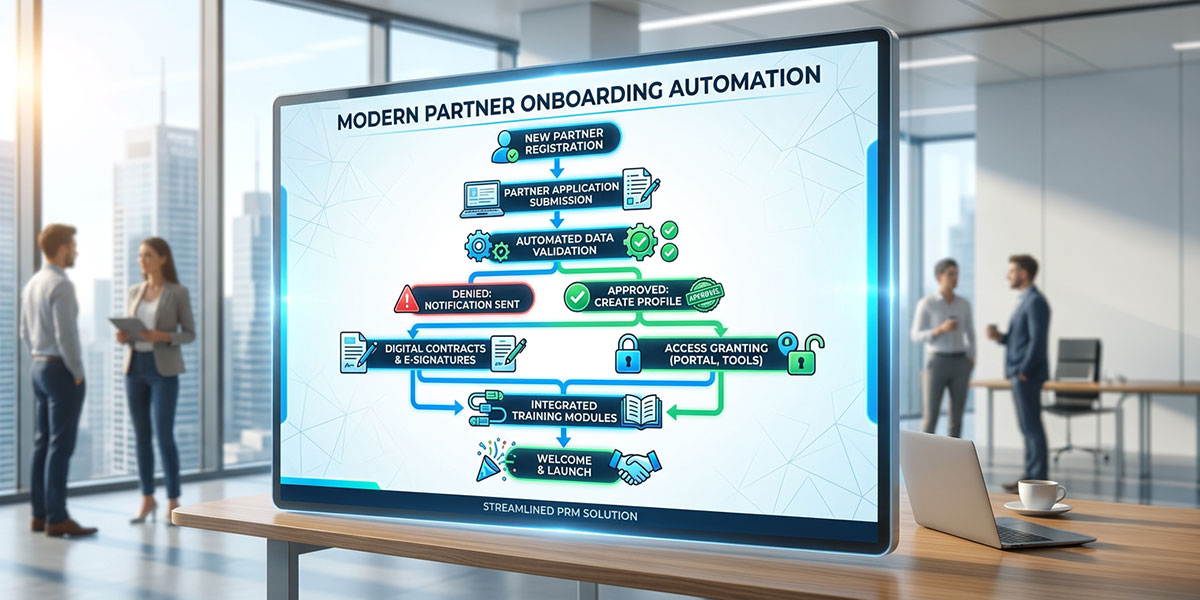A flowchart illustrating the automation of partner onboarding within a PRM software platform.