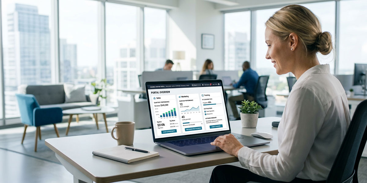 A screenshot of a PRM software's partner portal dashboard, showing sales, marketing, and training modules.