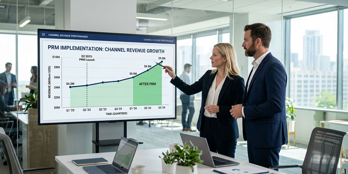 A graph showing upward trending channel revenue growth after PRM software implementation.
