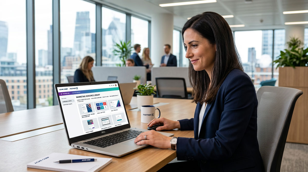 A partner accessing a library of co-branded marketing assets on a partner portal.