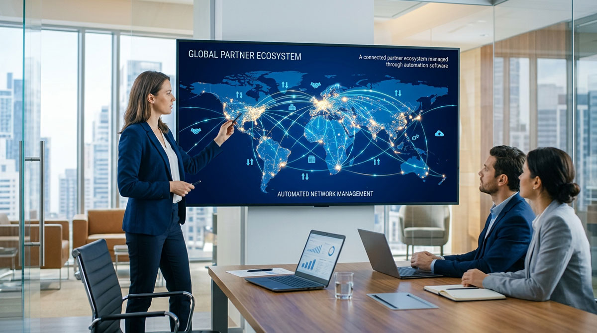 A global map illustrating a connected partner ecosystem managed through automation software.