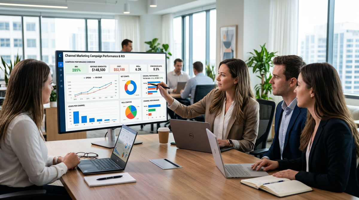 A dashboard displaying key performance indicators and ROI metrics for a channel marketing campaign.