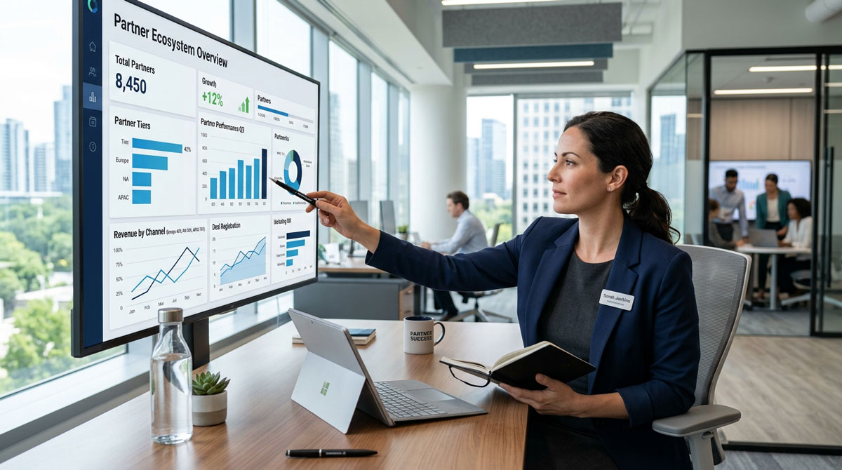 A channel manager reviewing partner ecosystem management data on a dashboard