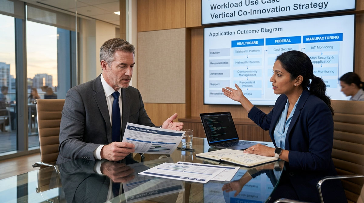 OEM and ISV executives collaborating on use case mapping to build outcome-based solutions supported by channel partner management software.