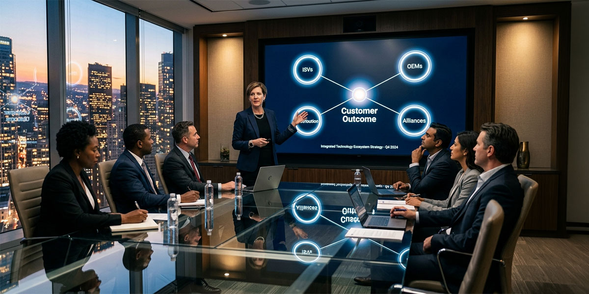Channel partner management software executive presenting an outcome-first partner ecosystem strategy to her leadership team in a modern boardroom.