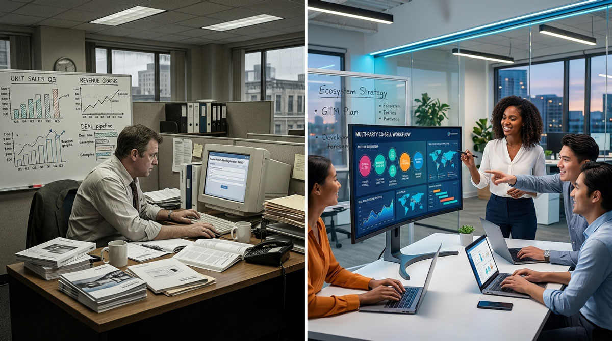 Split-scene comparison showing product-first selling versus outcome-first channel partner management software workflow in two contrasting office environments