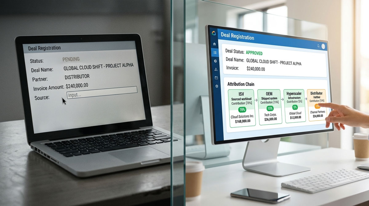 Side-by-side comparison showing incomplete deal registration software attribution versus full ISV sourcing and multi-party contribution tracking.