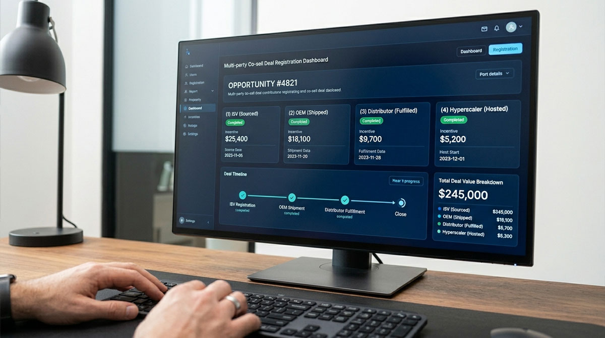 ZINFI deal registration software dashboard showing multi-party co-sell incentive attribution across ISV, OEM, distributor, and hyperscaler partner roles.